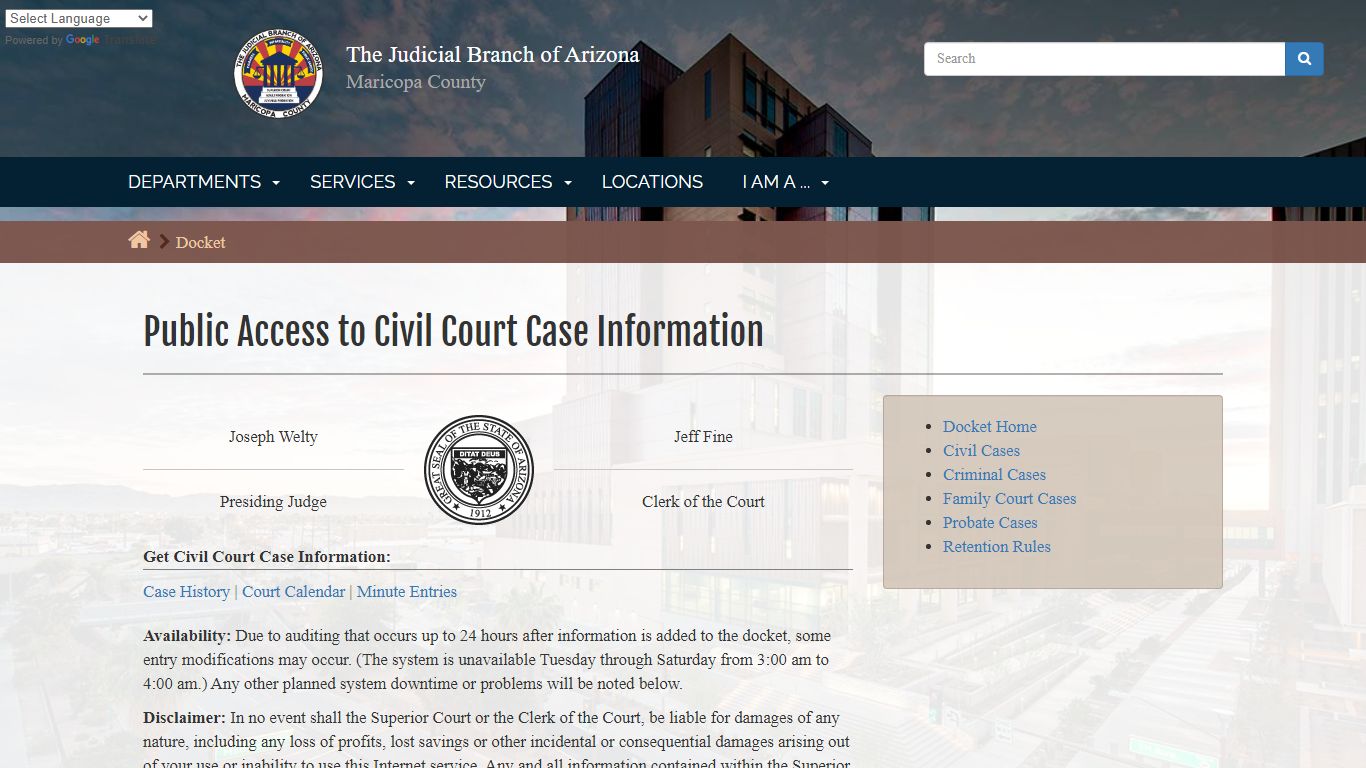 Public Access to Civil Court Case Information - Maricopa County, Arizona